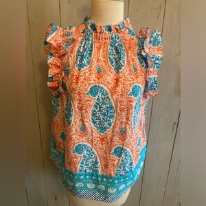 Crown And Ivy Womens Top Sz-S Orange &‎ Turquoise Paisley Blouse Ruffle New